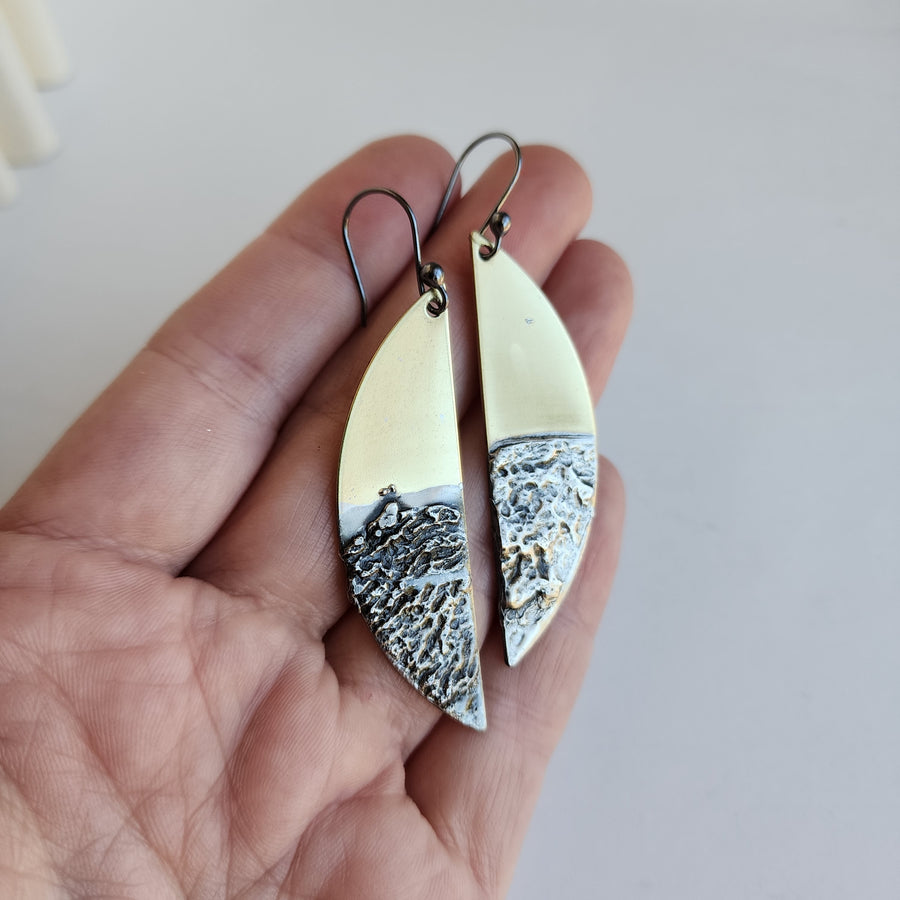 Mixed Metal Earrings, Long Brass Half Moon