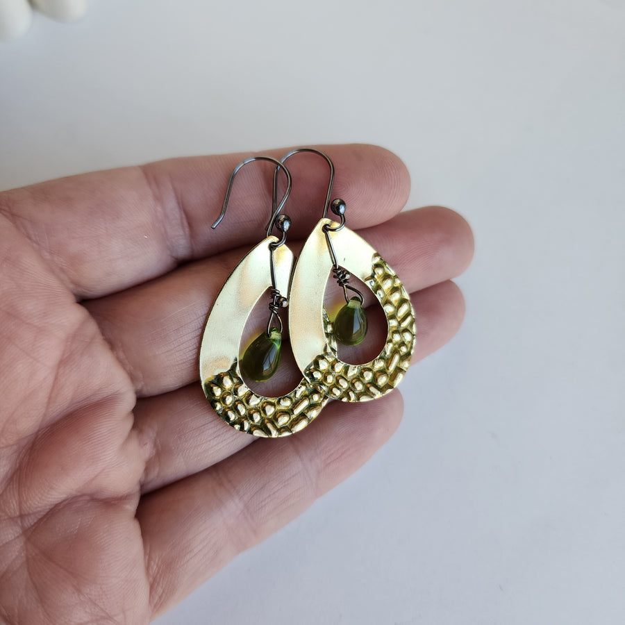 Textured Brass Earrings with Briolette Beads
