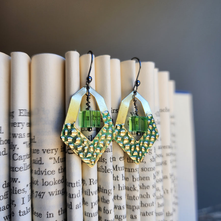 Green Brass & Bead Earrings