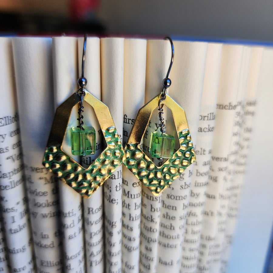 Green Brass & Bead Earrings - SOLD