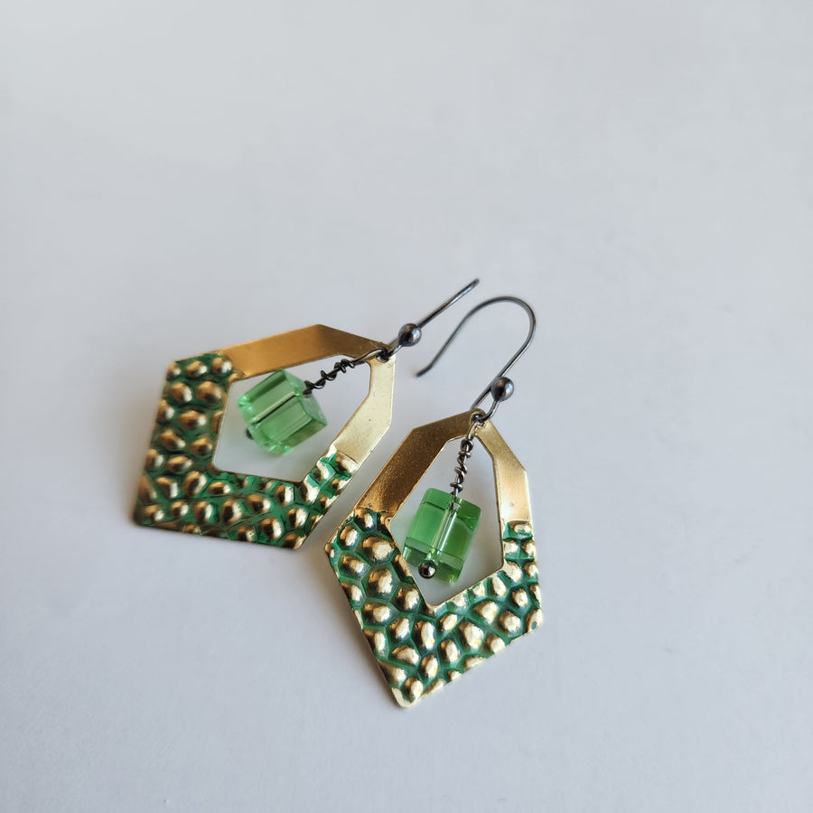 Green Brass & Bead Earrings