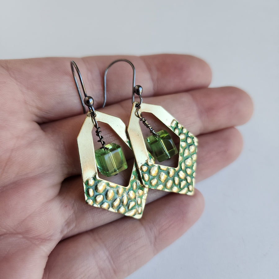 Green Brass & Bead Earrings