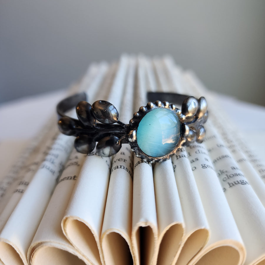 Blue Glass & Leaf Cuff Bracelet