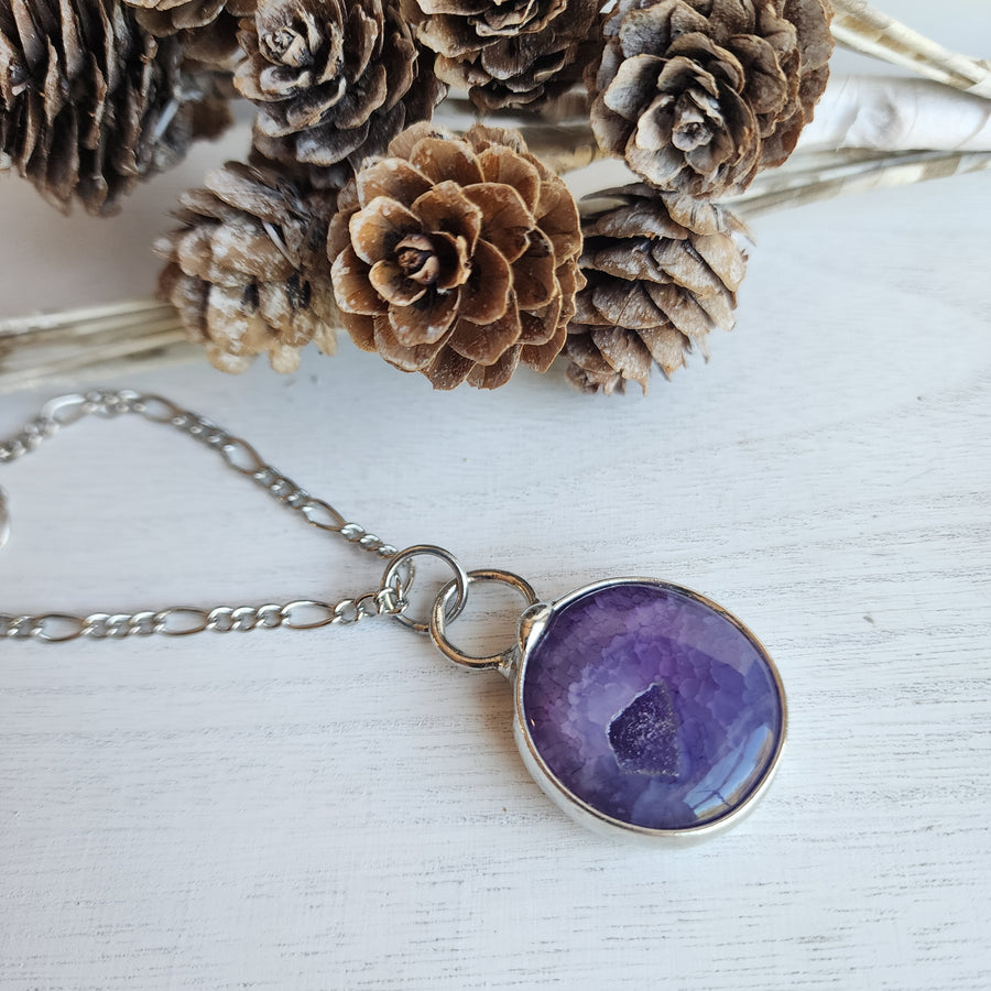 Purple Agate Druzy Round Necklace