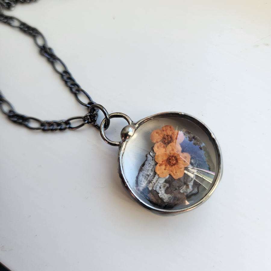 Real Forget Me Nots & Southern Pine Bark Pendant Necklace