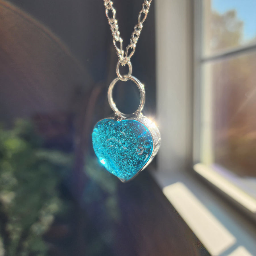 Turquoise Blue Chunky Glass Heart Pendant Necklace