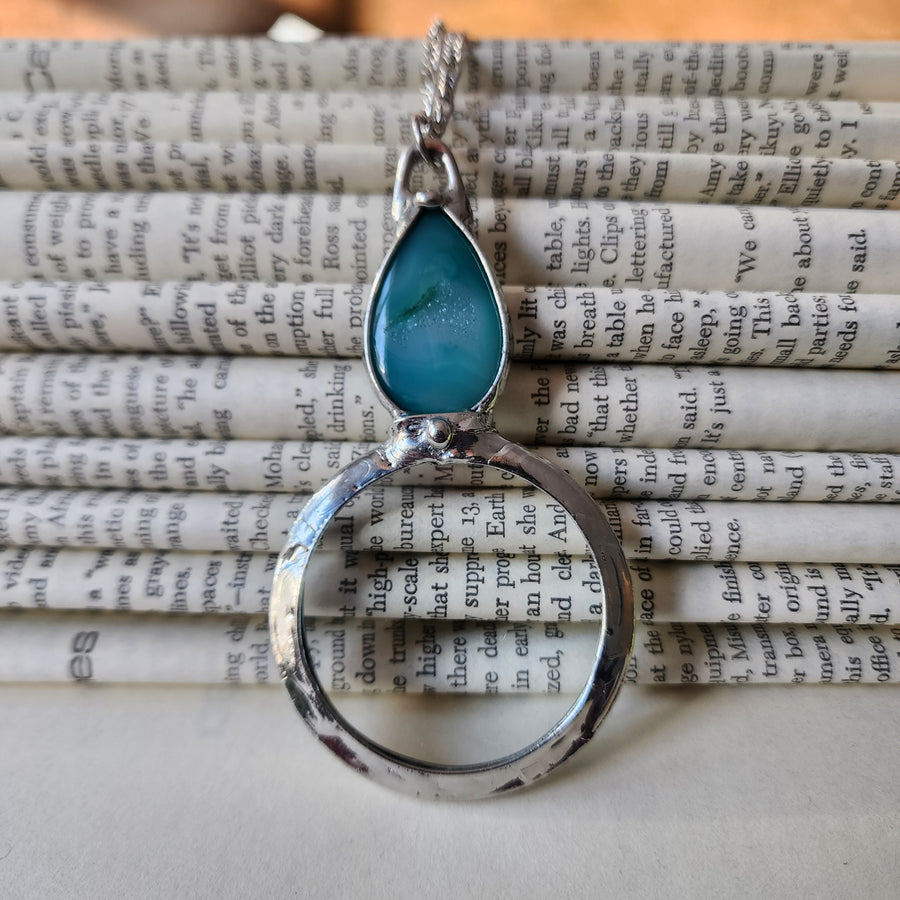 Glass Magnifier Necklace with Blue Green Agate Druzy