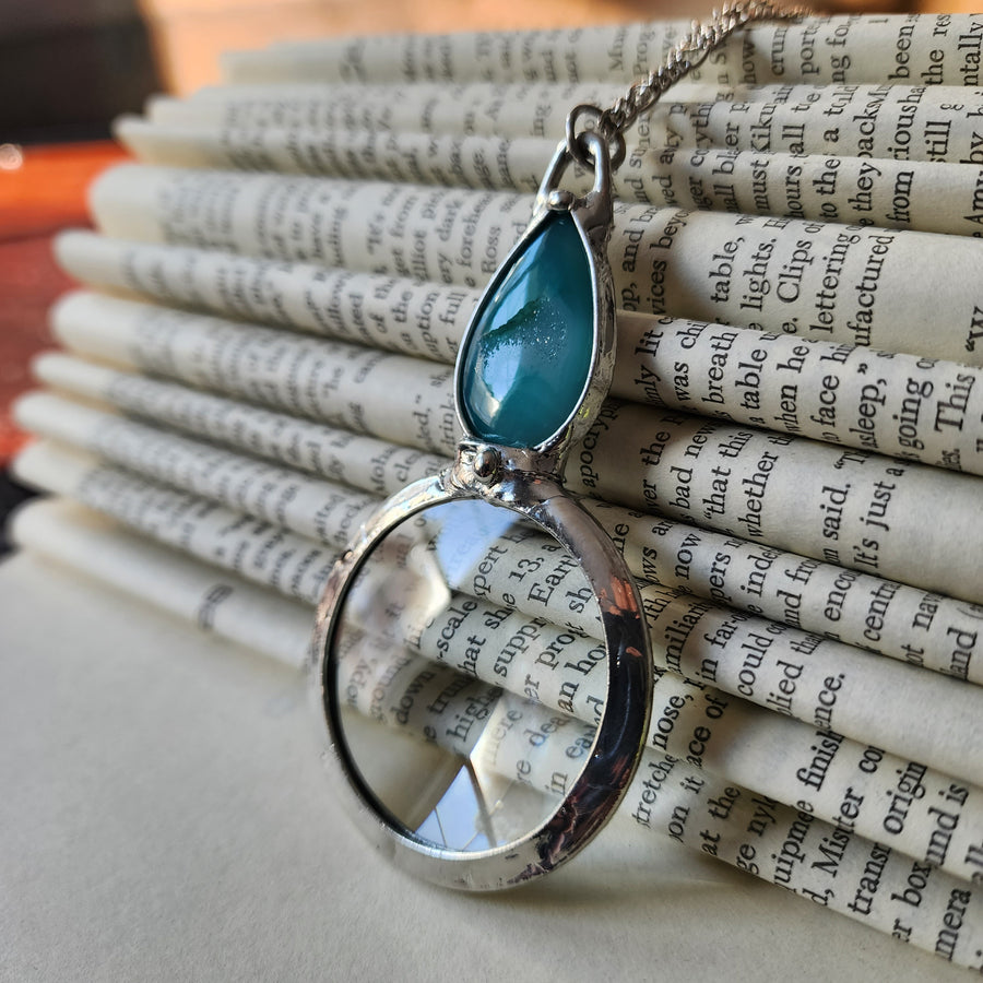 Glass Magnifier Necklace with Blue Green Agate Druzy