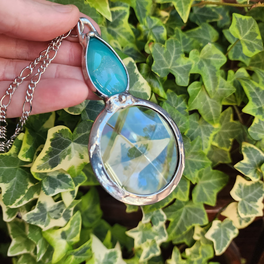 Glass Magnifier Necklace with Blue Green Agate Druzy