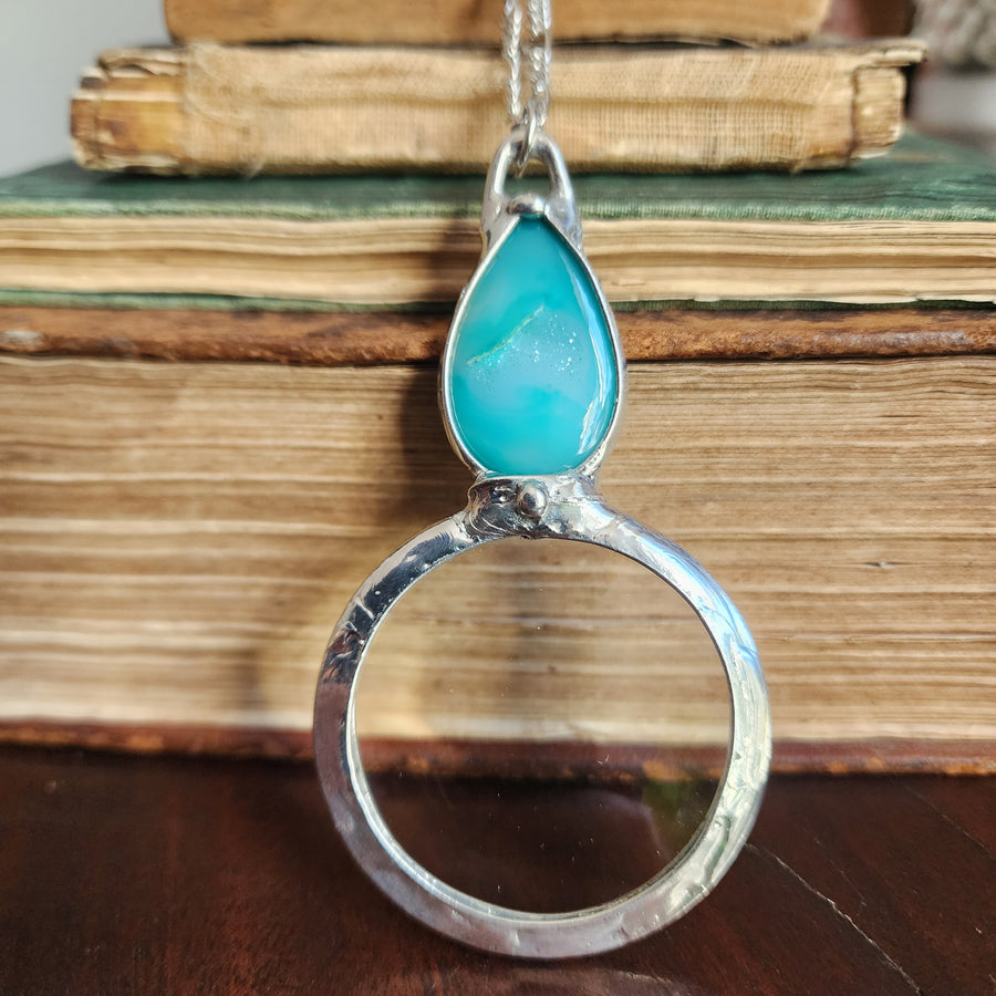 Glass Magnifier Necklace with Blue Green Agate Druzy