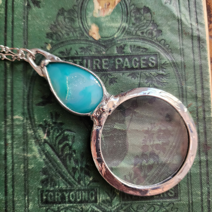 Glass Magnifier Necklace with Blue Green Agate Druzy