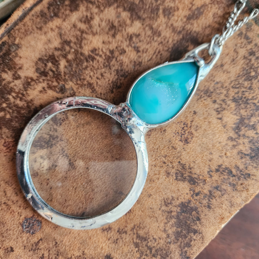 Glass Magnifier Necklace with Blue Green Agate Druzy