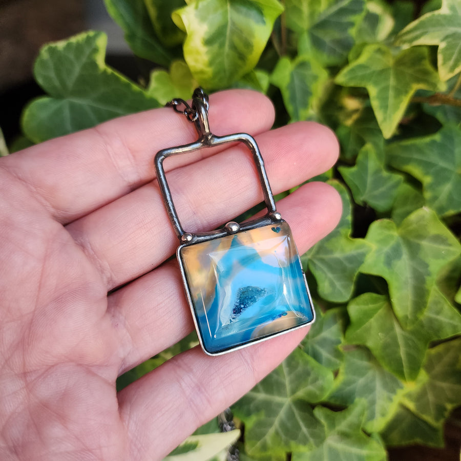 Square Agate Druzy Pendant Necklace