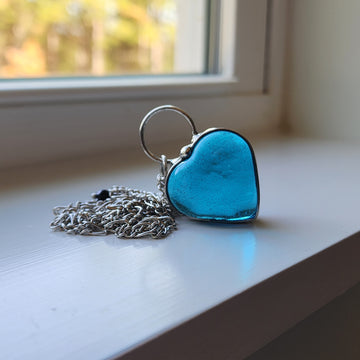 Turquoise Blue Chunky Glass Heart Pendant Necklace