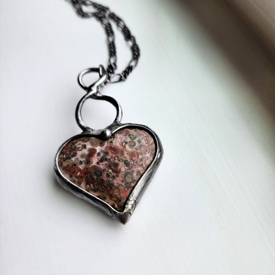 Leopard Skin Jasper Puffy Heart Pendant Necklace, One of a Kind
