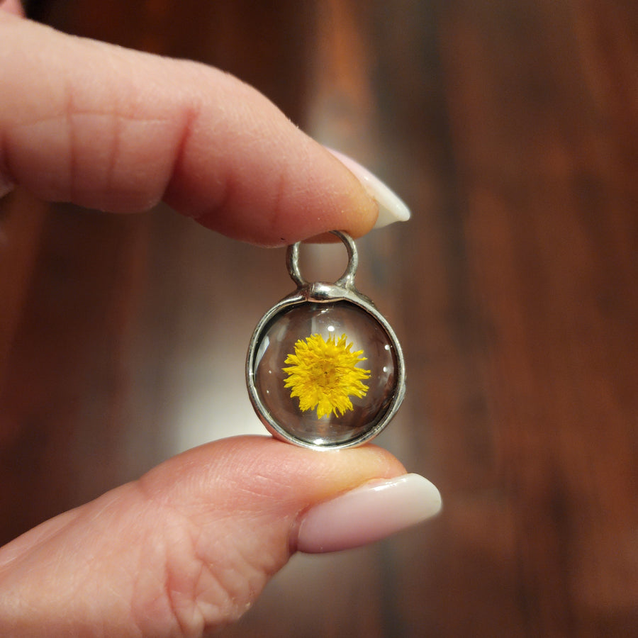 Dried Chrysanthemum Mum Necklace, Real Pressed Flowers in Glass