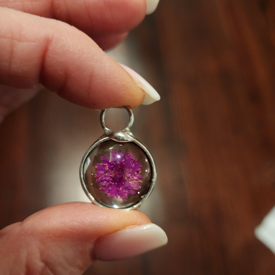 Dried Chrysanthemum Mum Necklace, Real Pressed Flowers in Glass