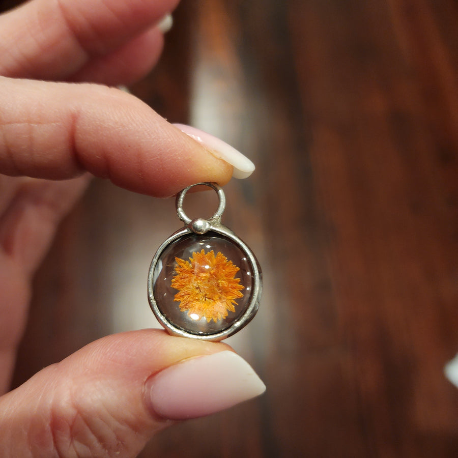 Dried Chrysanthemum Mum Necklace, Real Pressed Flowers in Glass