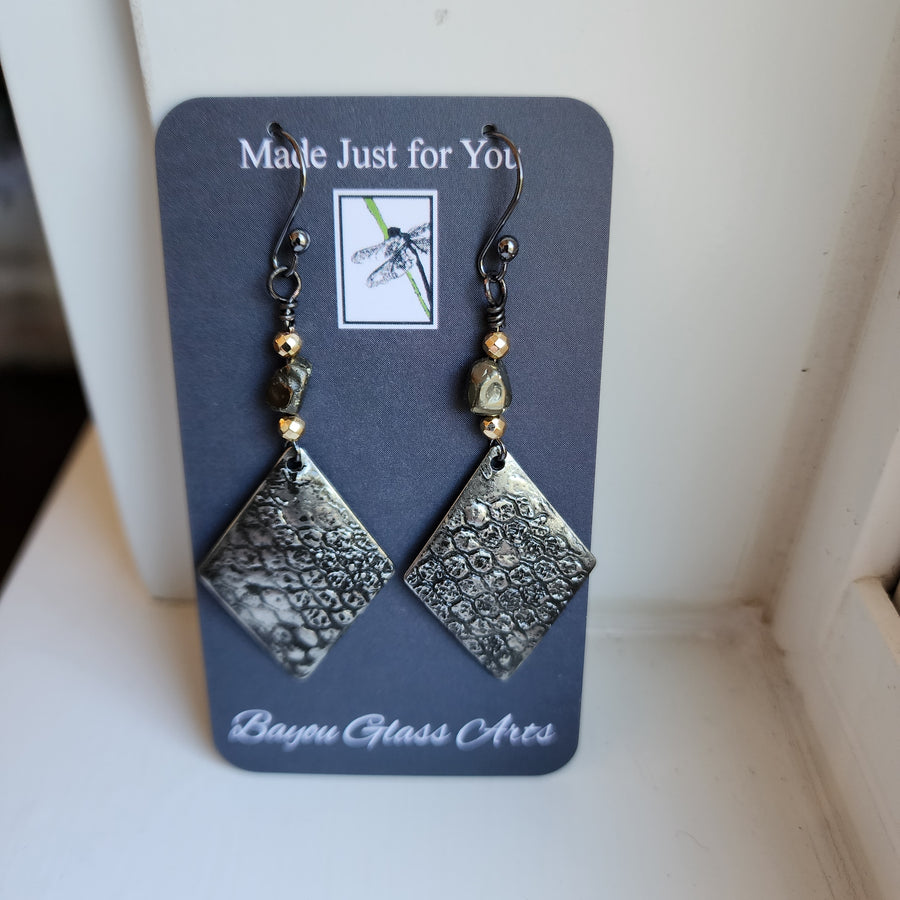 Long Diamond Dangles with Pyrite Bead Earrings