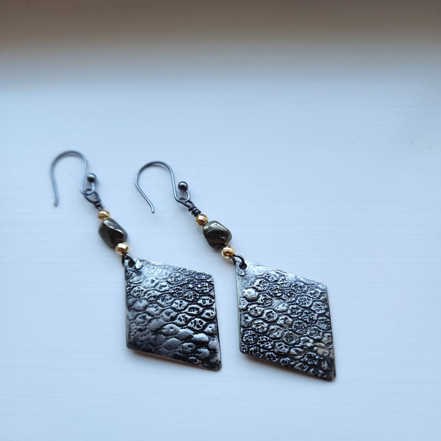 Long Diamond Dangles with Pyrite Bead Earrings