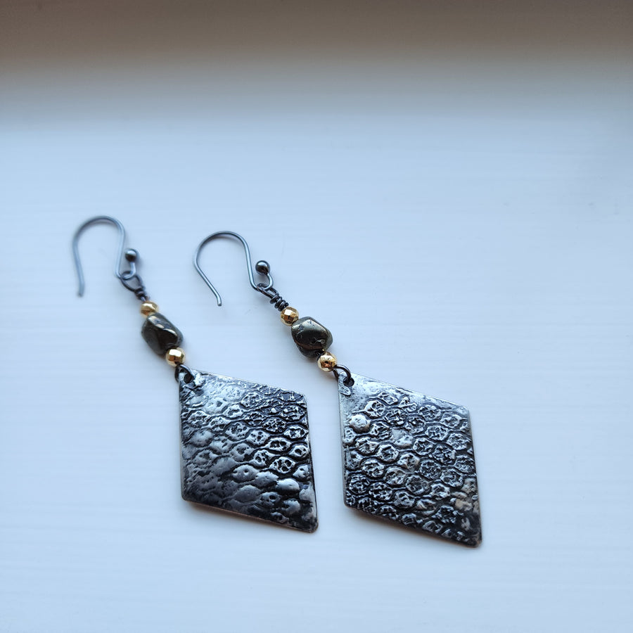 Long Diamond Dangles with Pyrite Bead Earrings, One of a Kind