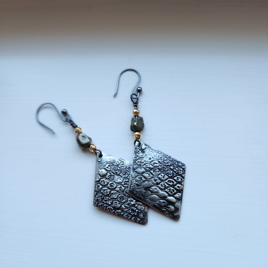 Long Diamond Dangles with Pyrite Bead Earrings