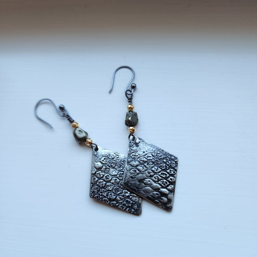 Long Diamond Dangles with Pyrite Bead Earrings, One of a Kind