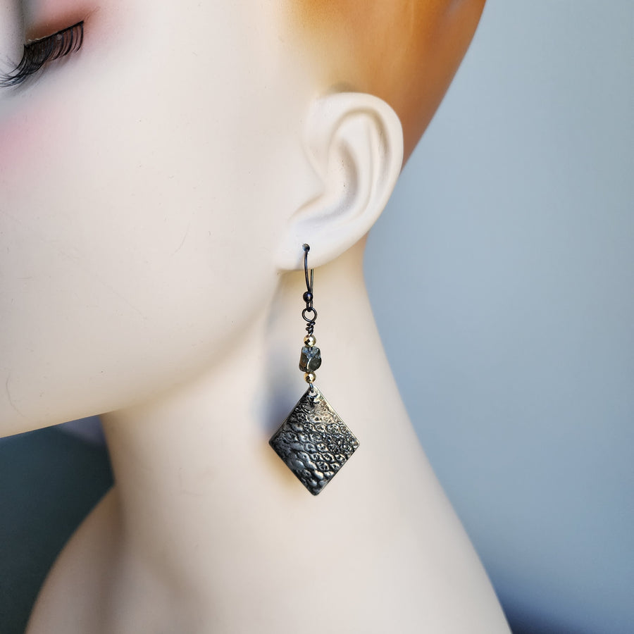 Long Diamond Dangles with Pyrite Bead Earrings
