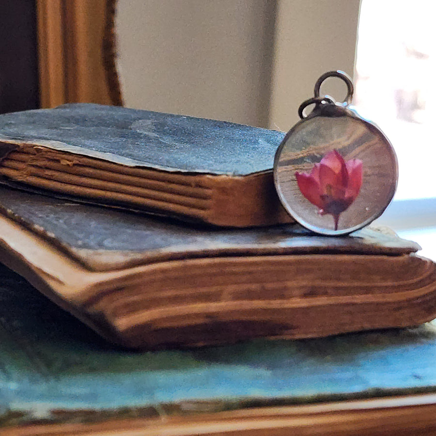 Pressed Flower Necklace, Tulip Inspired, Real Heather One of a Kind - SOLD