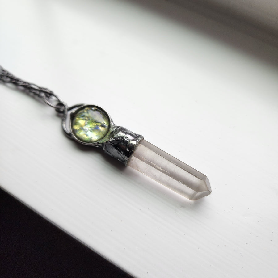 Quartz Spear Neckalce with Glass Opal Inset MarchOOAK15