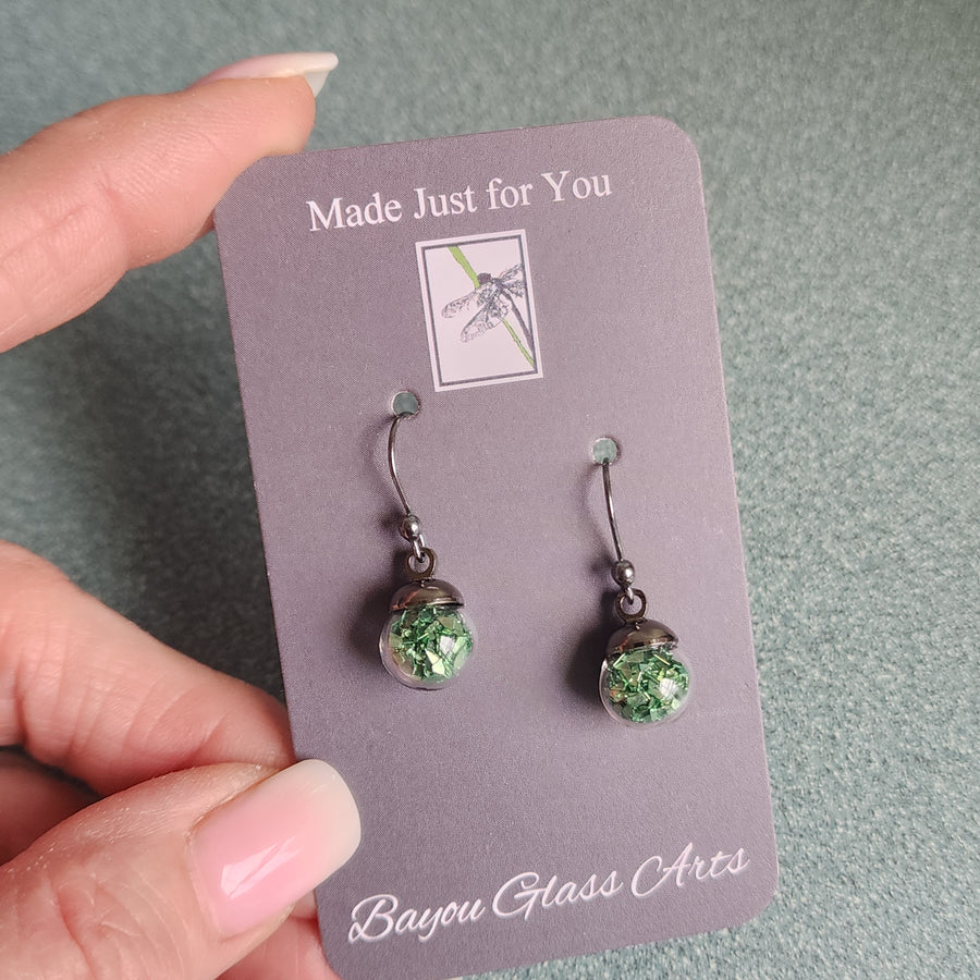 Green Glitter and Glass Earrings