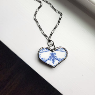 Broken Delft Blue China Heart Necklace