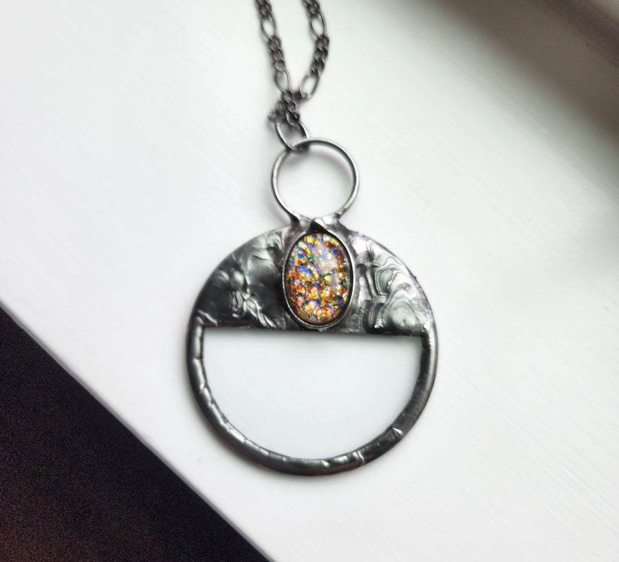 Magnifying Glass Necklace with Multicolored Glass Opal Inset