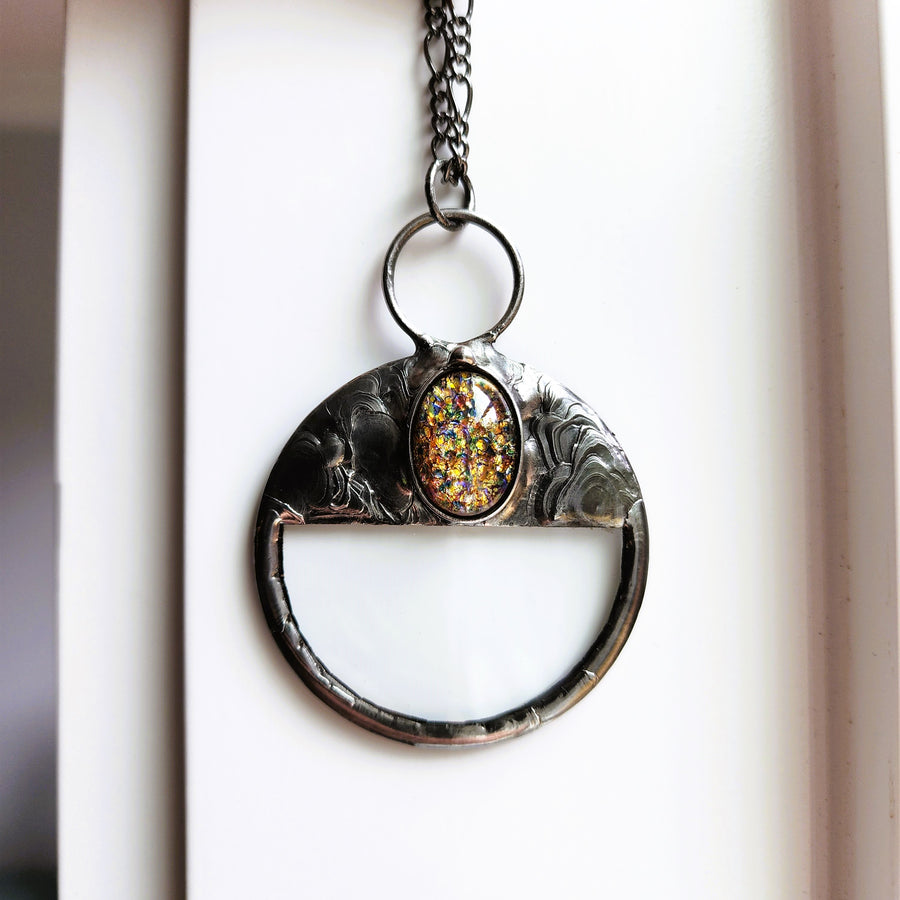 Magnifying Glass Necklace with Multicolored Glass Opal Inset