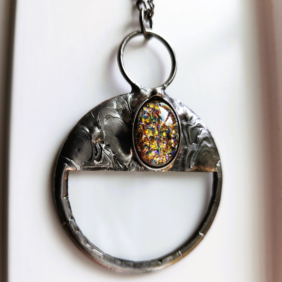 Magnifying Glass Necklace with Multicolored Glass Opal Inset