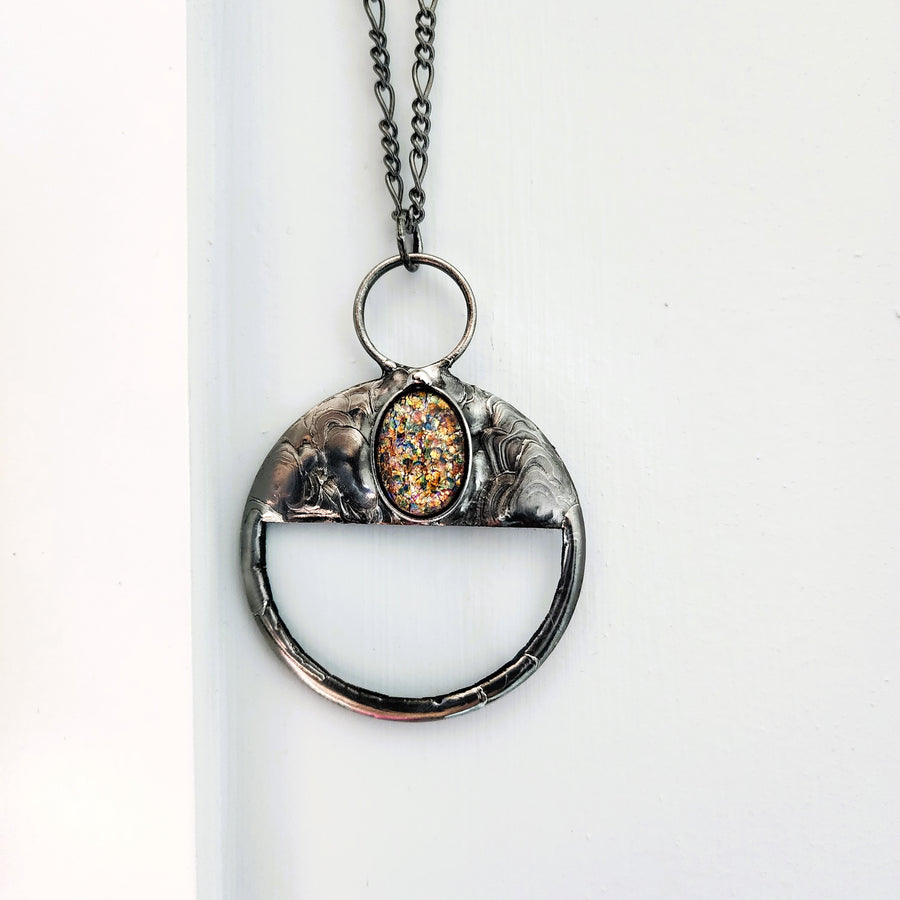 Magnifying Glass Necklace with Multicolored Glass Opal Inset