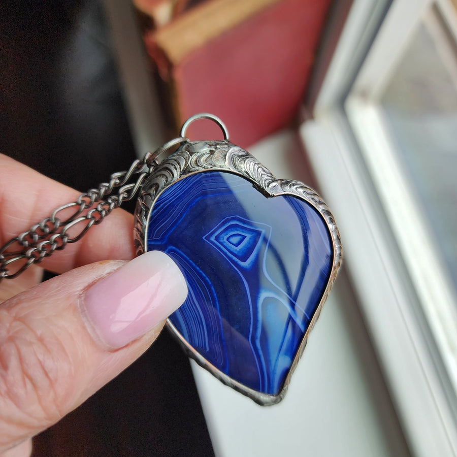 Large Blue Crazy Lace Agate Heart Necklace