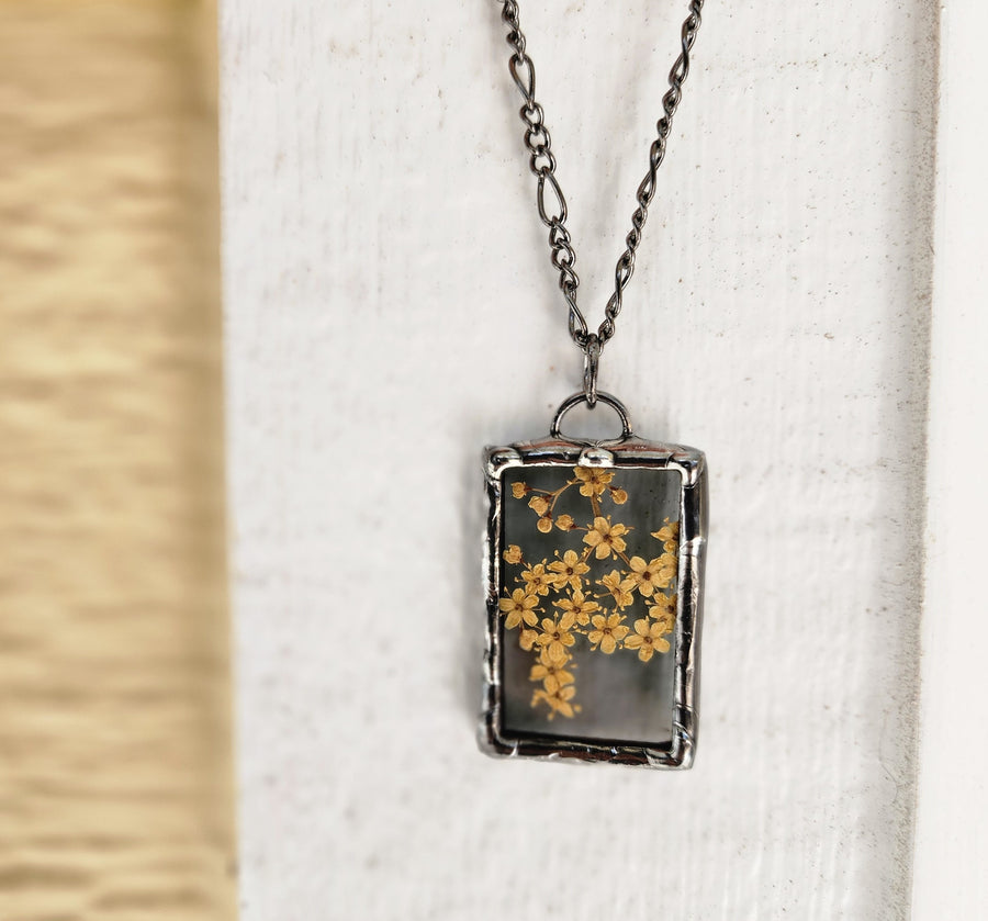 Stained Glass Jewelry, Real Pressed Flower Pendant