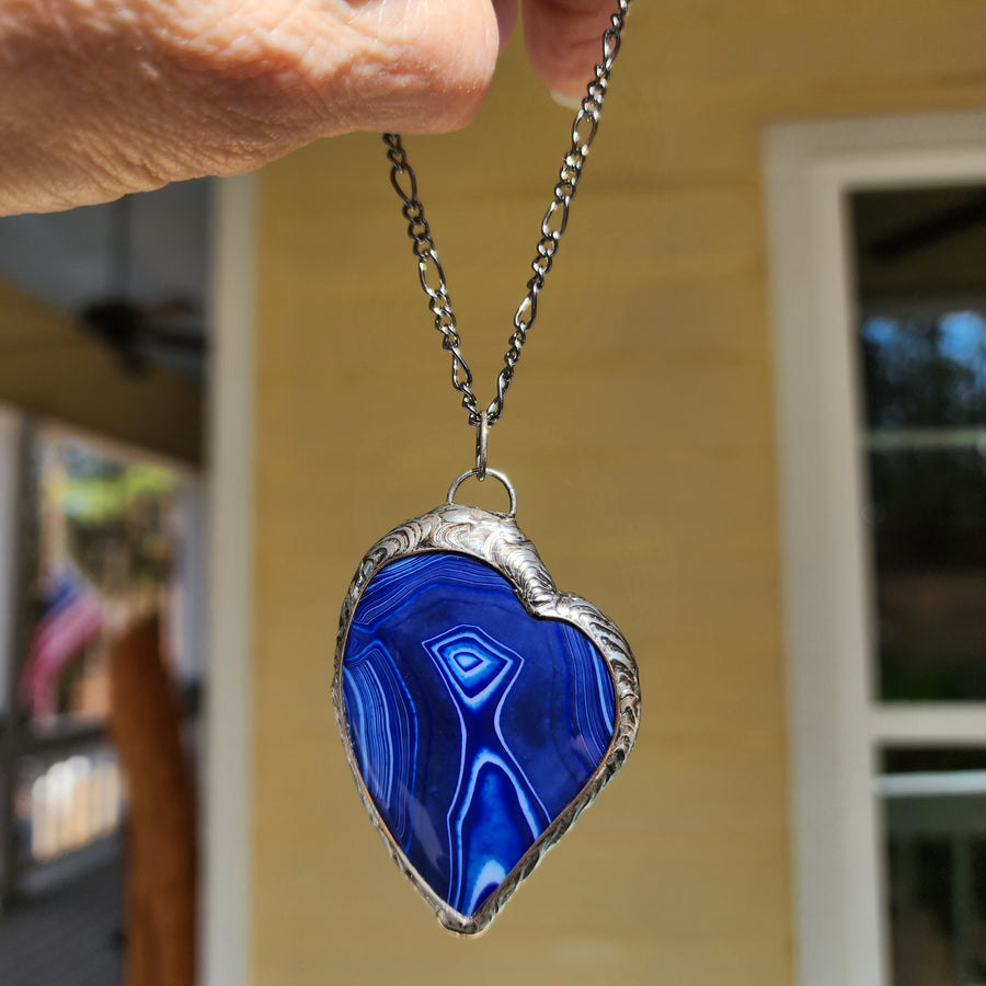 Large Blue Crazy Lace Agate Heart Necklace