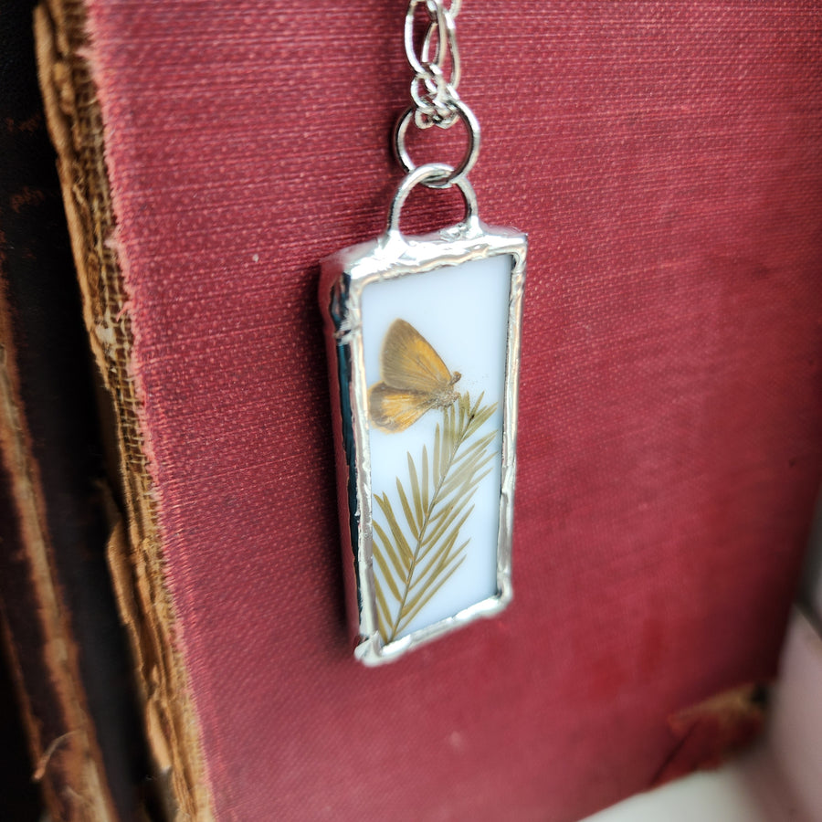 Stained Glass Pendant Necklace, Moth and Sprig