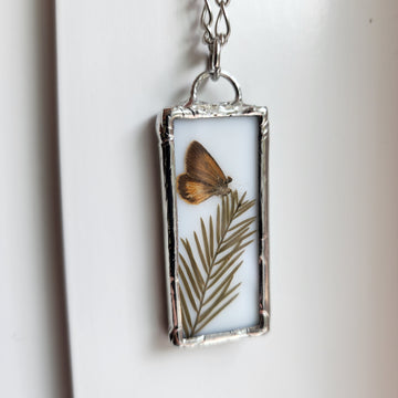 SOLD - Stained Glass Pendant Necklace, Moth and Sprig