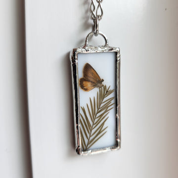 Stained Glass Pendant Necklace, Moth and Sprig