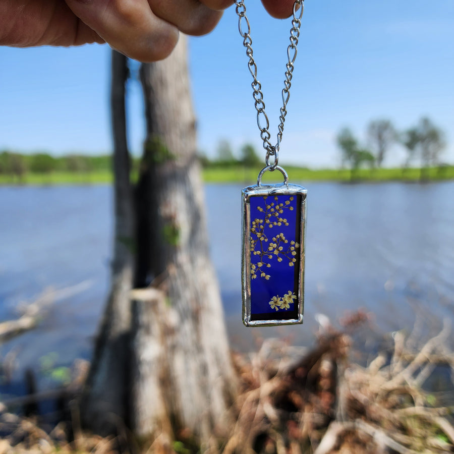 SOLD - Real Pressed Flower Jewelry, Blue Stained Glass