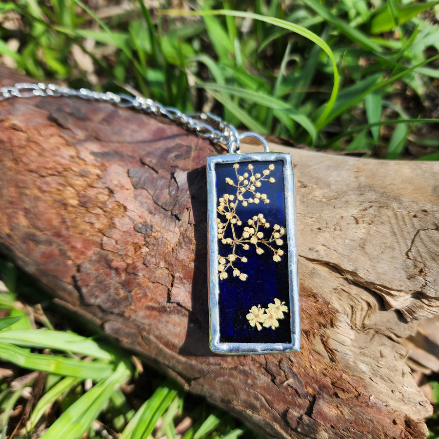 SOLD - Real Pressed Flower Jewelry, Blue Stained Glass