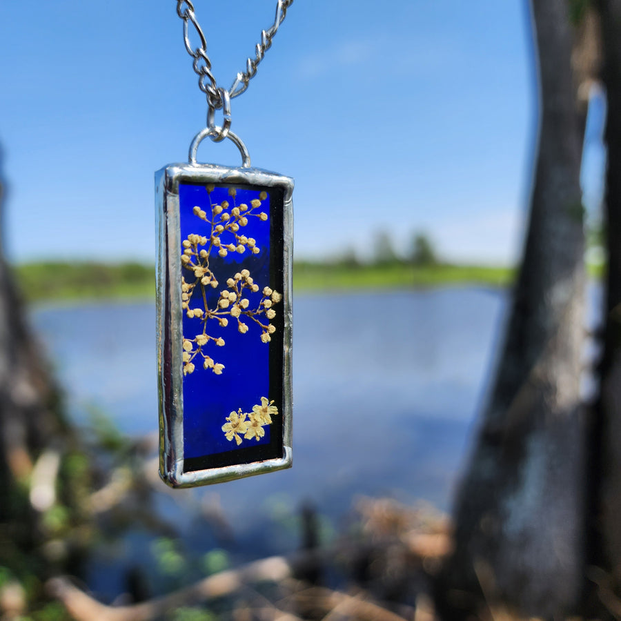 SOLD - Real Pressed Flower Jewelry, Blue Stained Glass
