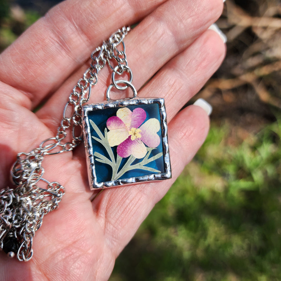 Real Pressed Flower Jewelry, Roses in Turquoise Stained Glass - SOLD