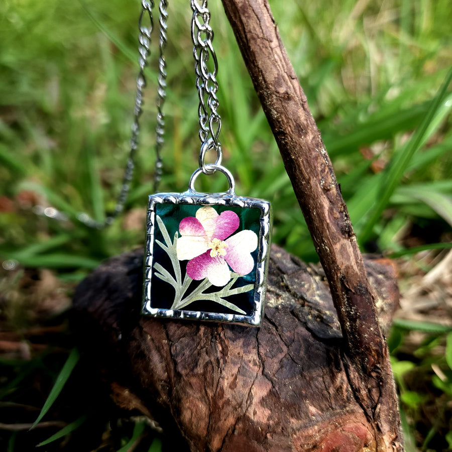 Real Pressed Flower Jewelry, Roses in Turquoise Stained Glass - SOLD