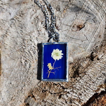 Blue Stained Glass with Pressed Flower Pendant