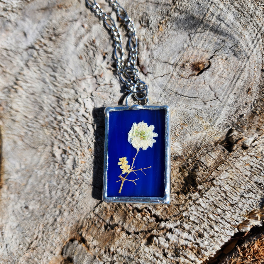 SOLD - Blue Stained Glass with Pressed Flower Pendant