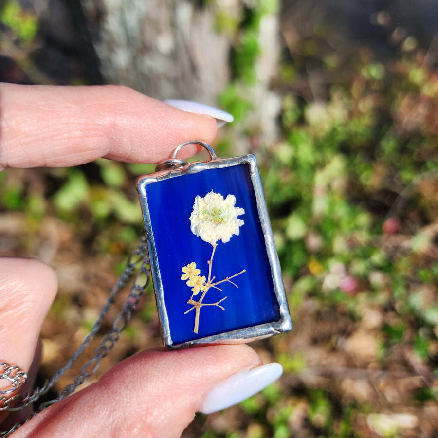 SOLD - Blue Stained Glass with Pressed Flower Pendant
